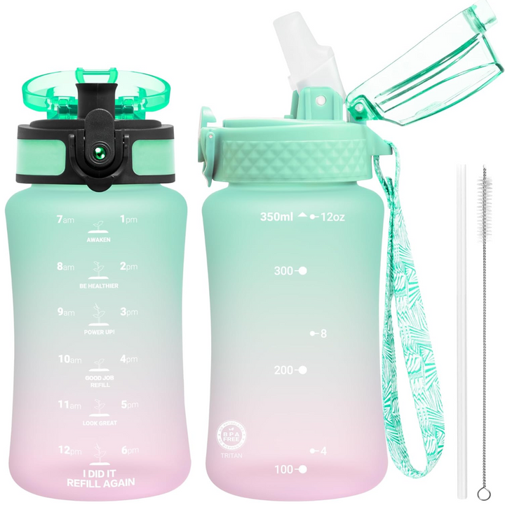 Reusable Tritan plastic water bottle with straw & chug lids-350 ml-Mint Pink-Nora Luxe