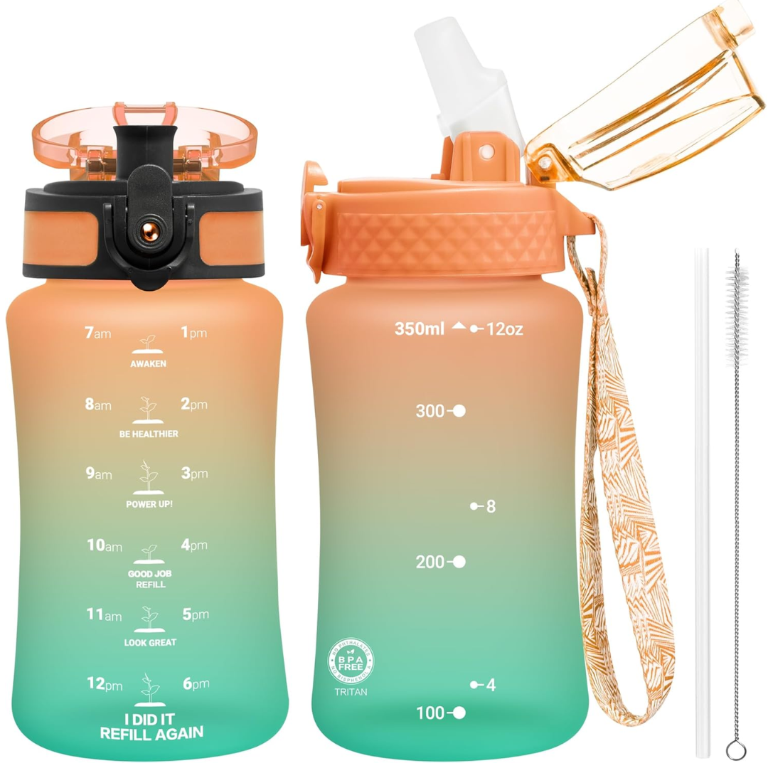 Reusable Tritan plastic water bottle with straw & chug lids-350 ml-Orange Blue-Nora Luxe