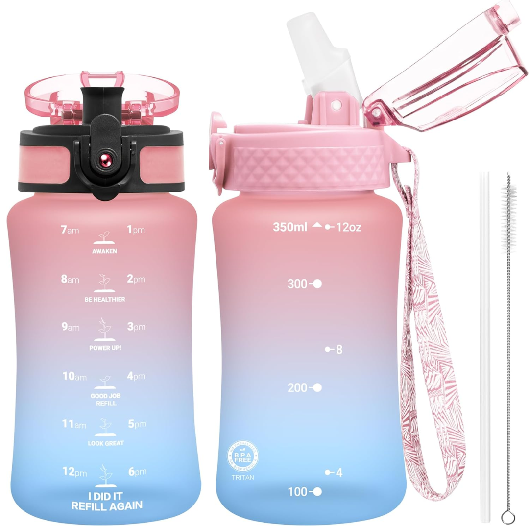 Reusable Tritan plastic water bottle with straw & chug lids-350 ml-Pink Blue-Nora Luxe