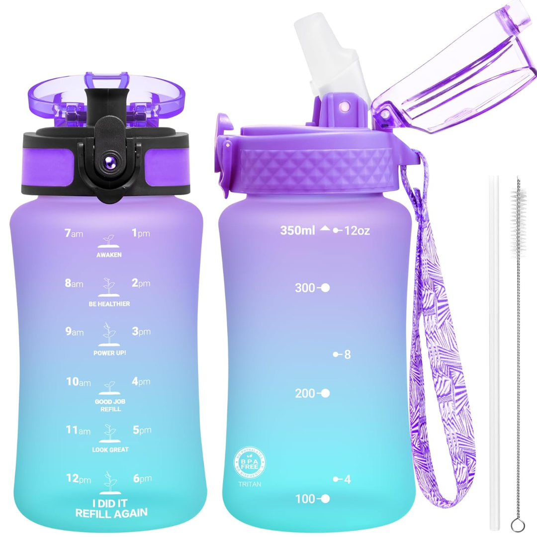 Reusable Tritan plastic water bottle with straw & chug lids-350 ml-Purple Blue-Nora Luxe