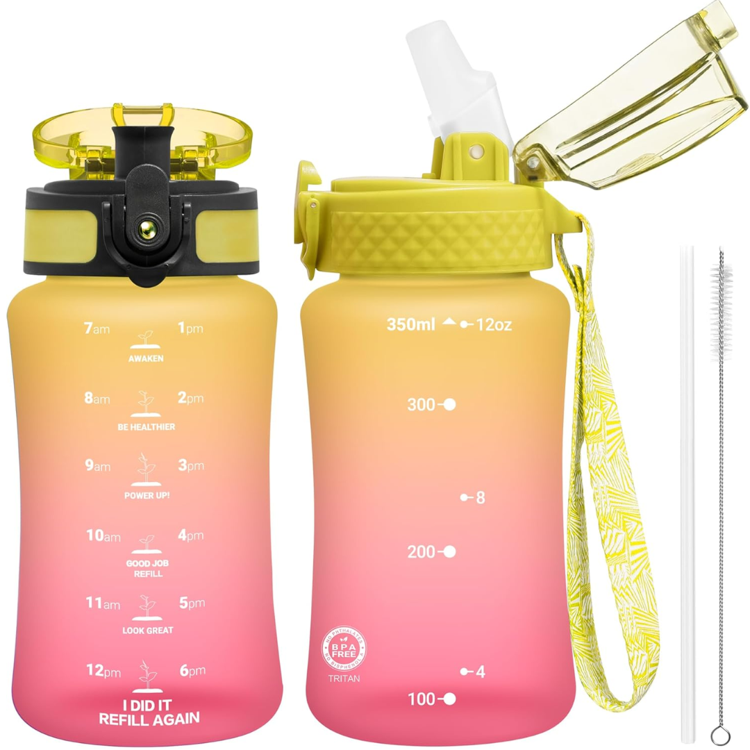 Reusable Tritan plastic water bottle with straw & chug lids-350 ml-Yellow Pink-Nora Luxe