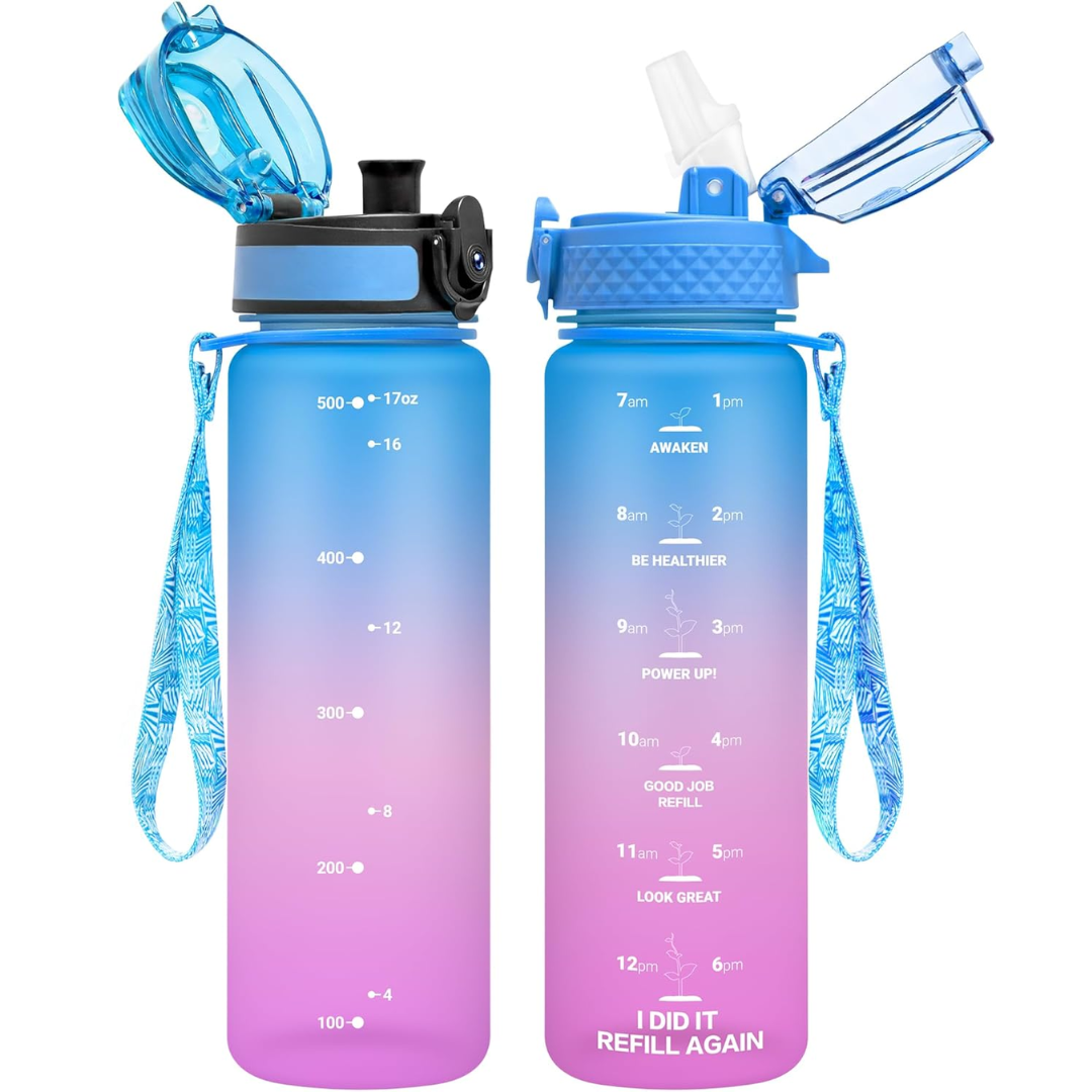 Reusable Tritan plastic water bottle with straw & chug lids-500 ml-Blue Pink-Nora Luxe