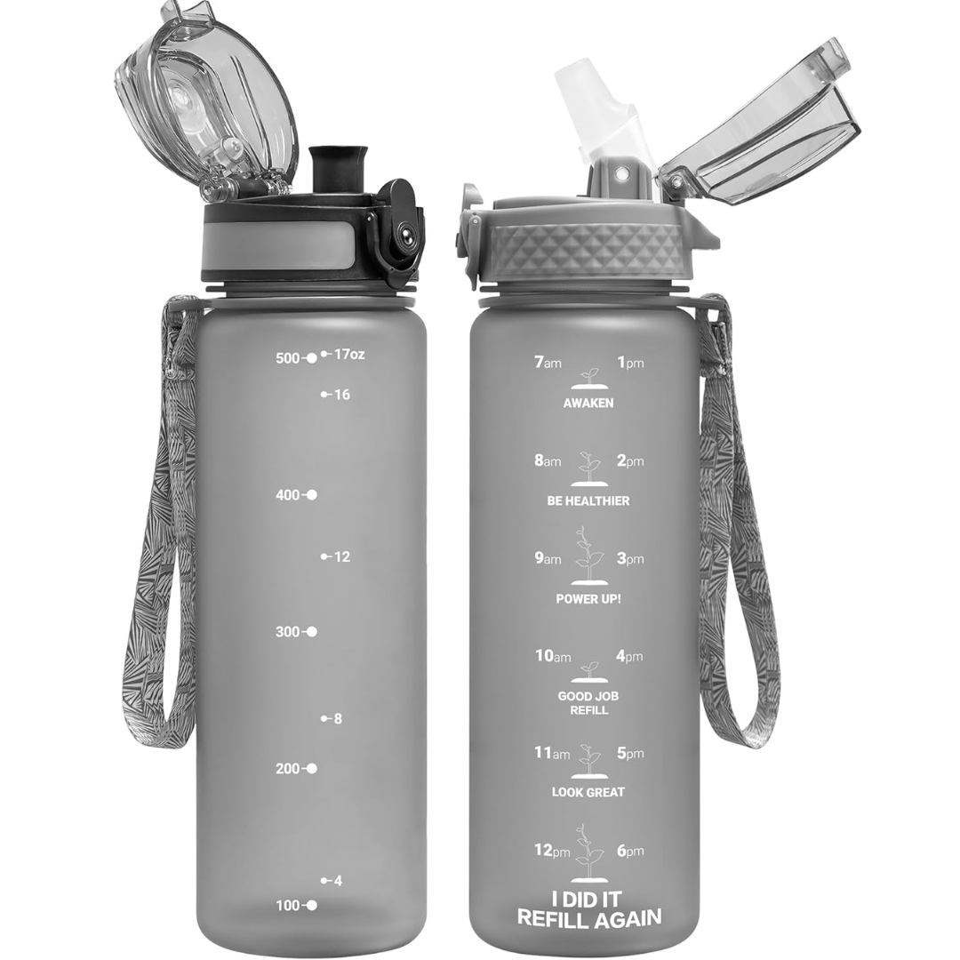 Reusable Tritan plastic water bottle with straw & chug lids-500 ml-Gray-Nora Luxe