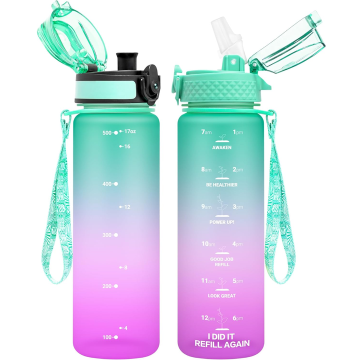 Reusable Tritan plastic water bottle with straw & chug lids-500 ml-Green Pink-Nora Luxe