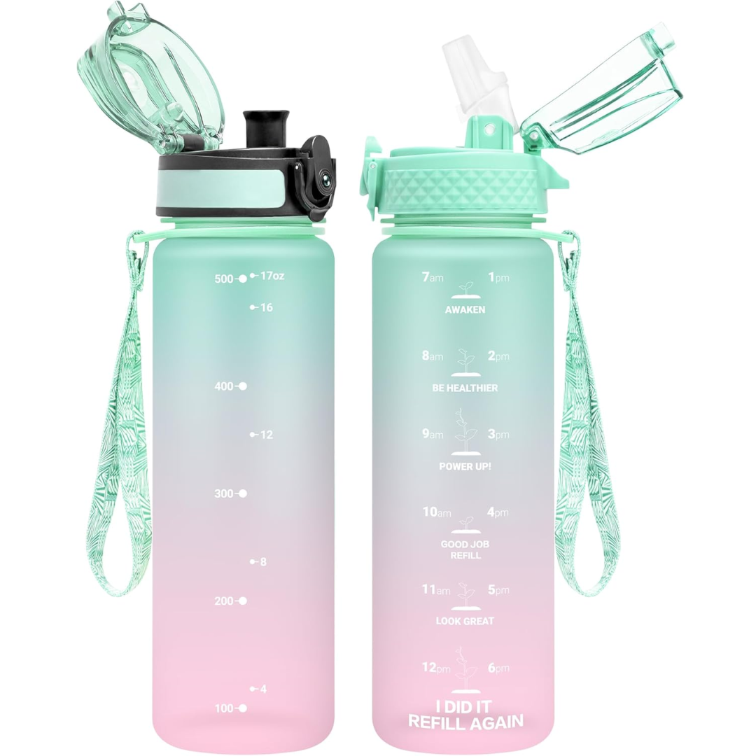 Reusable Tritan plastic water bottle with straw & chug lids-500 ml-Mint Pink-Nora Luxe