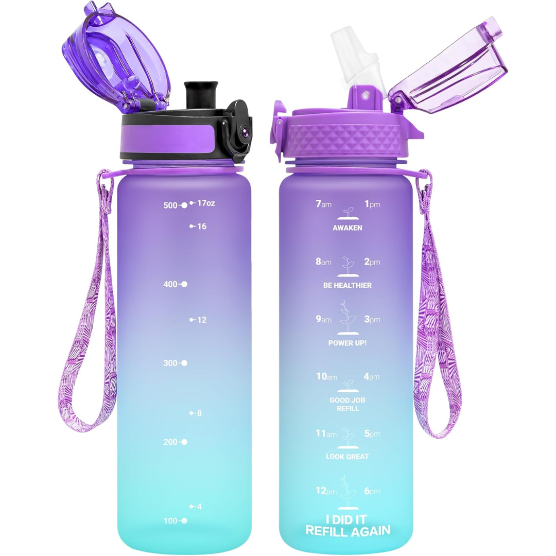 Reusable Tritan plastic water bottle with straw & chug lids-500 ml-Purple Blue-Nora Luxe
