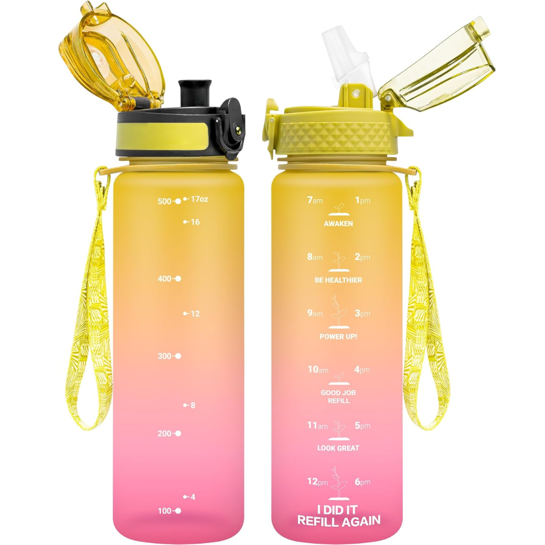 Reusable Tritan plastic water bottle with straw & chug lids-500 ml-Yellow Pink-Nora Luxe