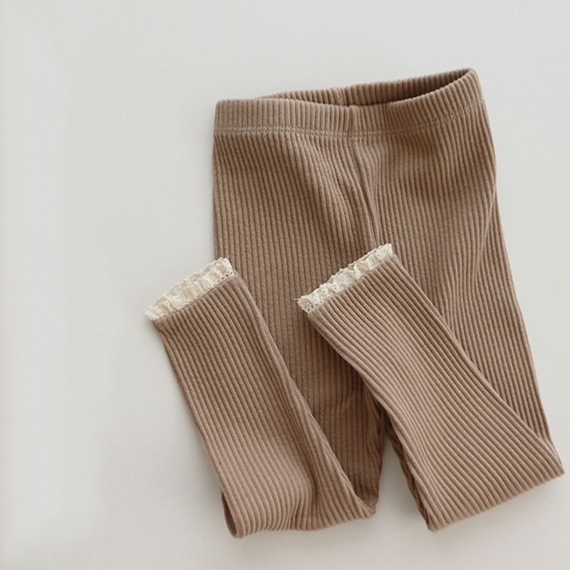 Ribbed Baby Leggings with Lace for Girls-Khaki-0-6 months 25.98 inches-Nora Luxe