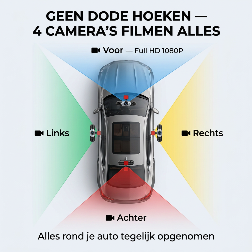 360° dashcam coverage diagram with front, left, right and rear camera views around a car.