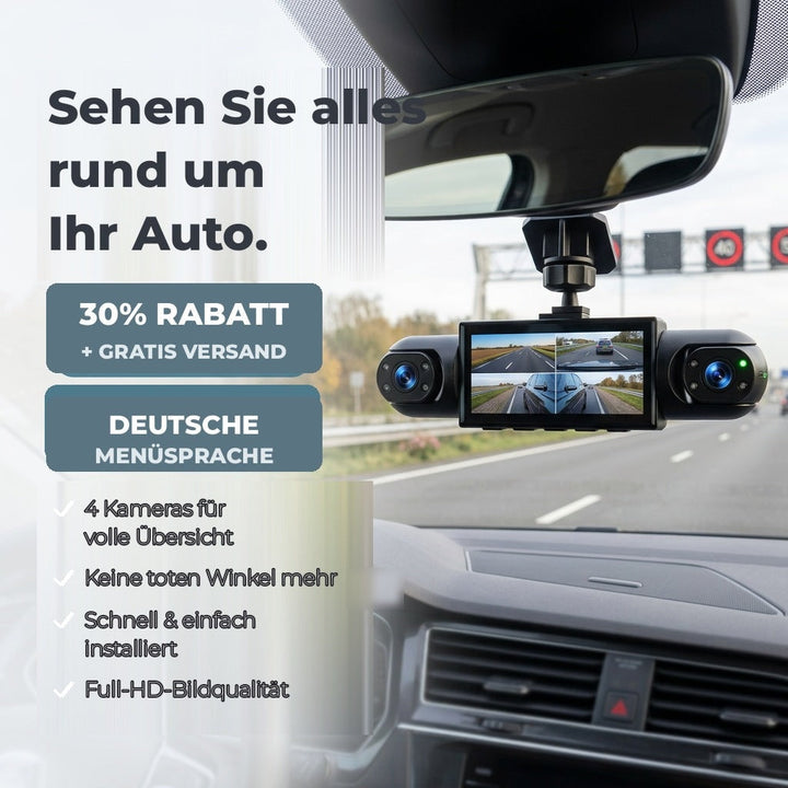 Black 4-Channel Dash Cam mounted on the windshield behind the rearview mirror