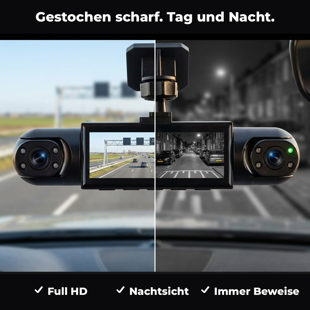 Black 4-Channel Dash Cam detail with split-screen daytime and night vision display