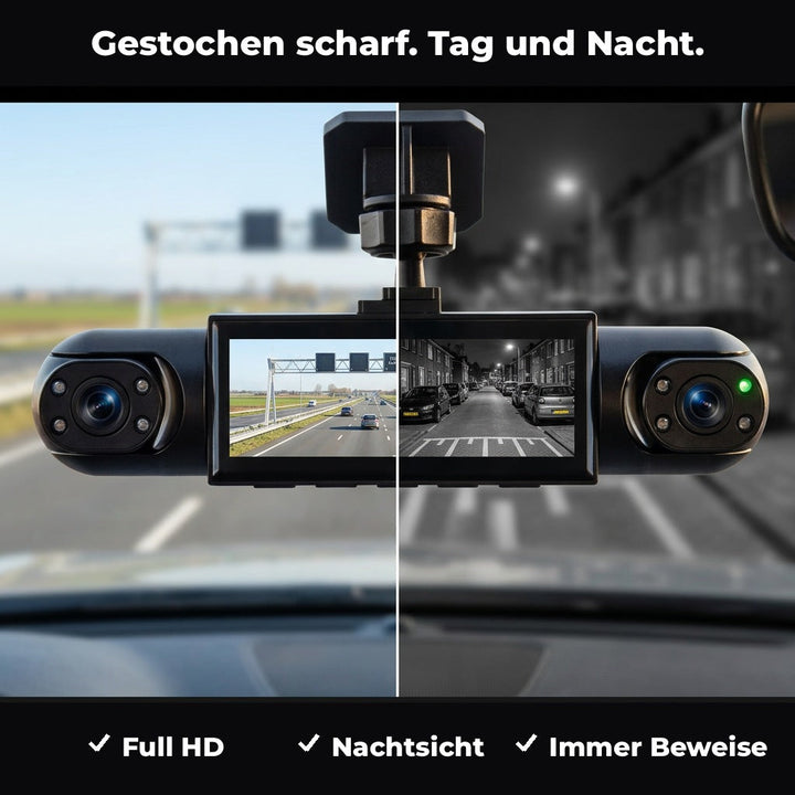 Black 4-Channel Dash Cam detail with split-screen daytime and night vision display