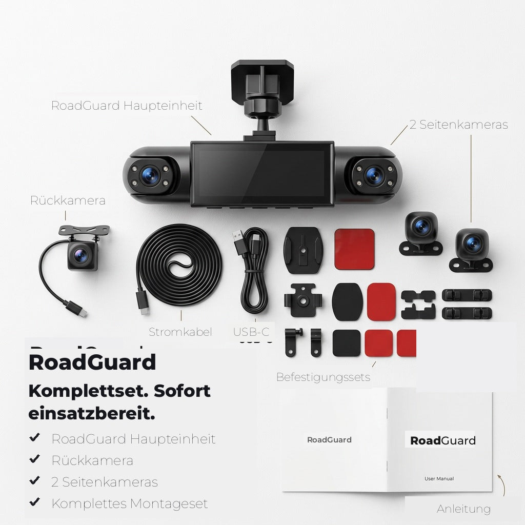 Black 4-Channel Dash Cam another view with the full kit and accessories