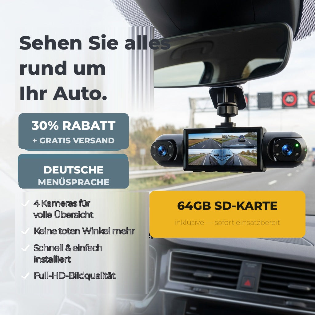 Black 4-Channel Dash Cam another view with split-screen display and SD card label