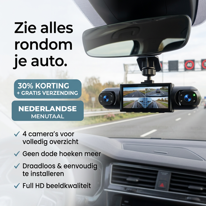 Black 360° dashcam with split-screen display mounted below a rearview mirror with highway ahead.