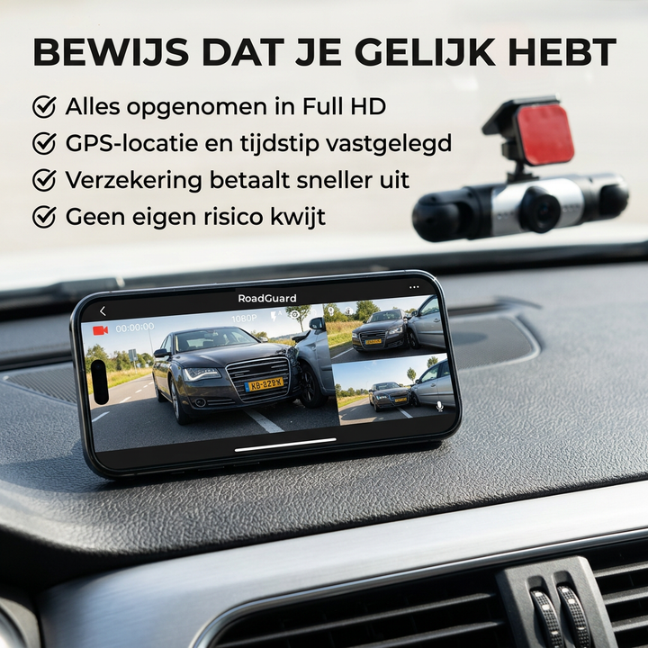 360° dashcam app on a smartphone with collision footage and the camera mounted on the windshield.