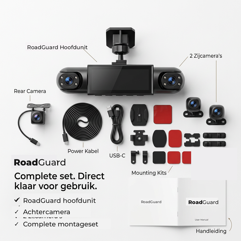 360° dashcam full set with main unit, rear camera, two side cameras, cables, mounting pads and manual.