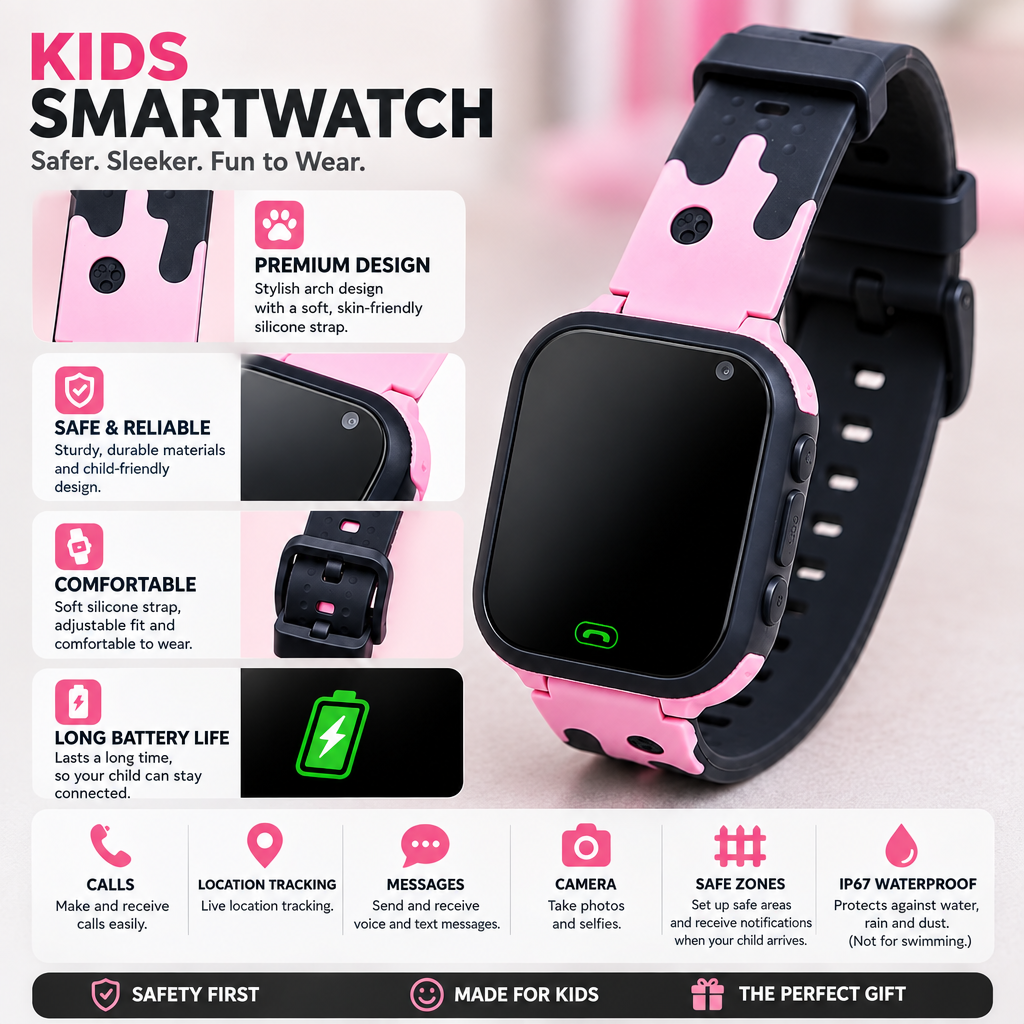 Pink and black silicone-strap smartwatch with feature callouts for design, comfort, battery life, calls, location tracking, messages, camera, safe zones and wat 3