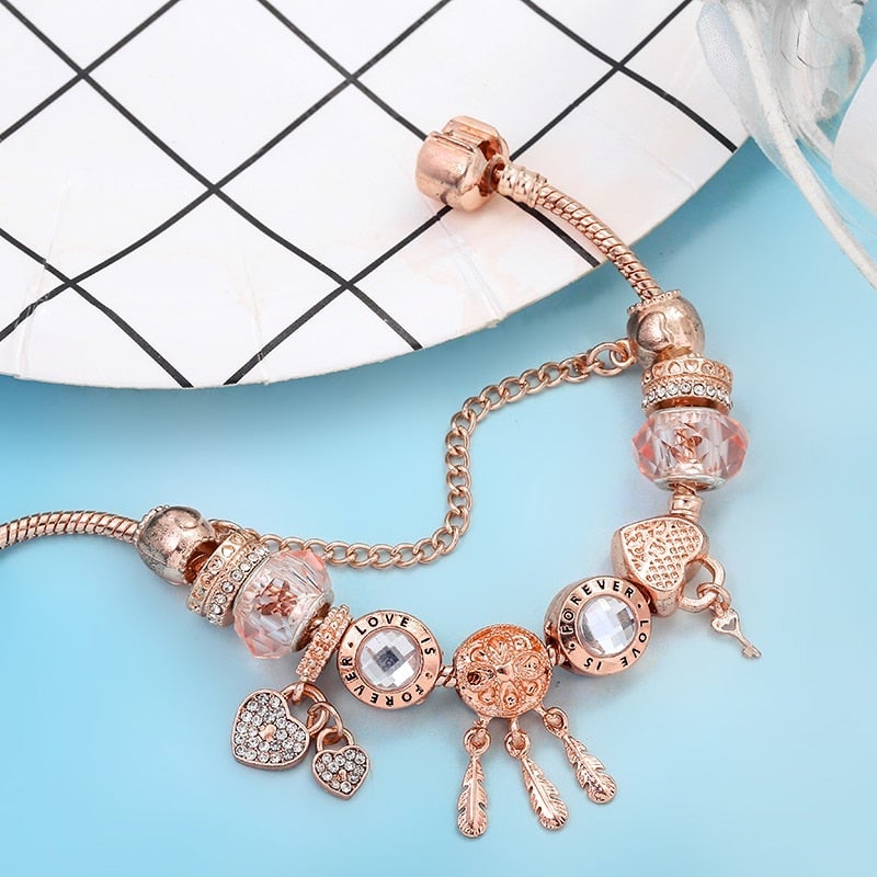 Rose Dreamcatcher Bracelet with Charms in Sterling Silver - Pink-6.30 in-Nora Luxe