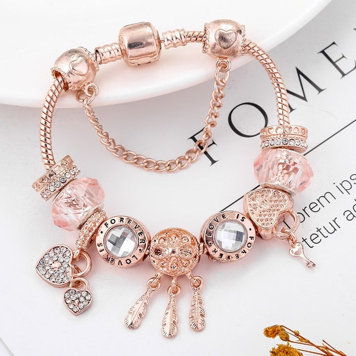 Rose Dreamcatcher Bracelet with Charms in Sterling Silver - Pink-6.30 in-Nora Luxe