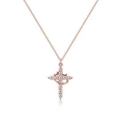 Rose gold-tone cross pendant with crown accent and clear stones, front view on white background 5