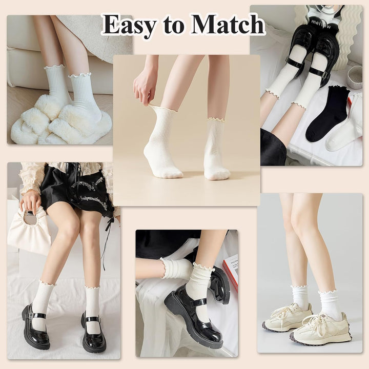 Ruffled Cotton Ankle Socks - Lisa-3 White 3 Black-Nora Luxe