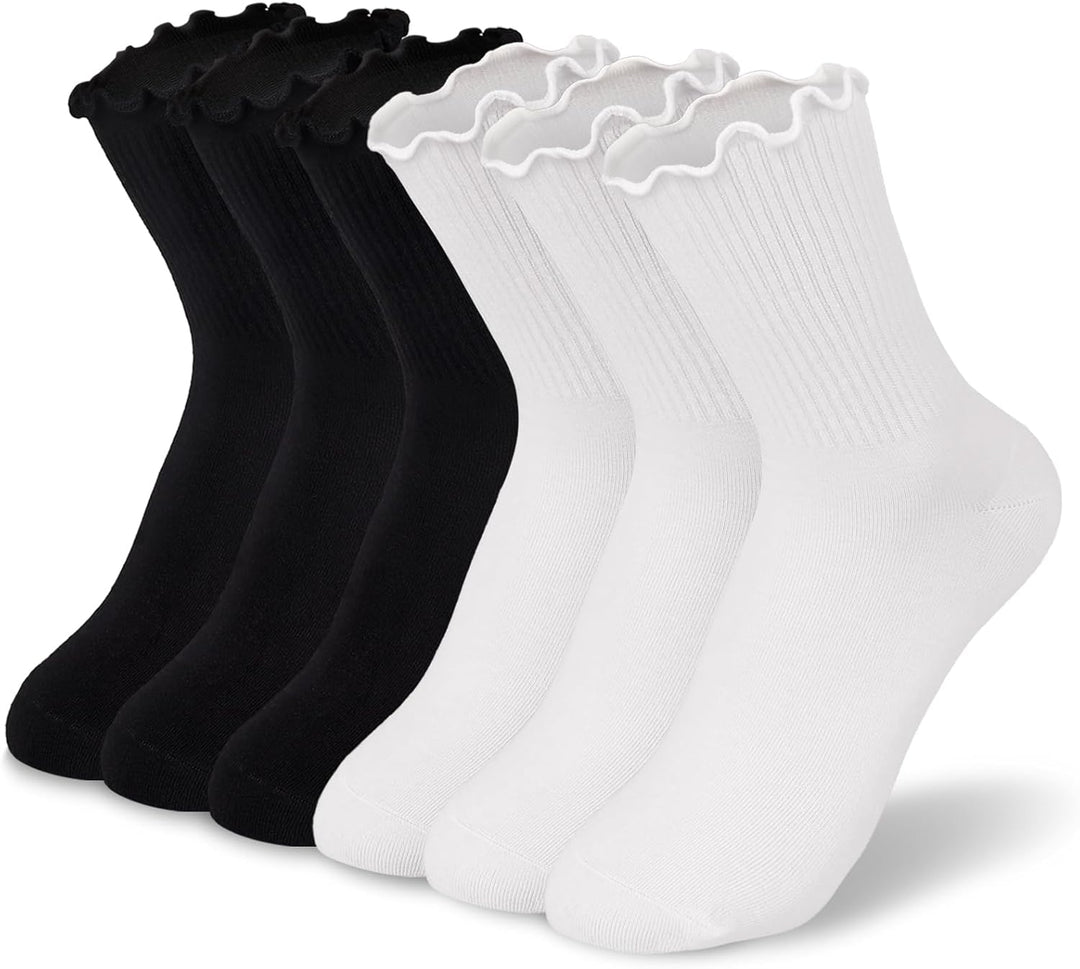 Ruffled Cotton Ankle Socks - Lisa-3 White 3 Black-Nora Luxe