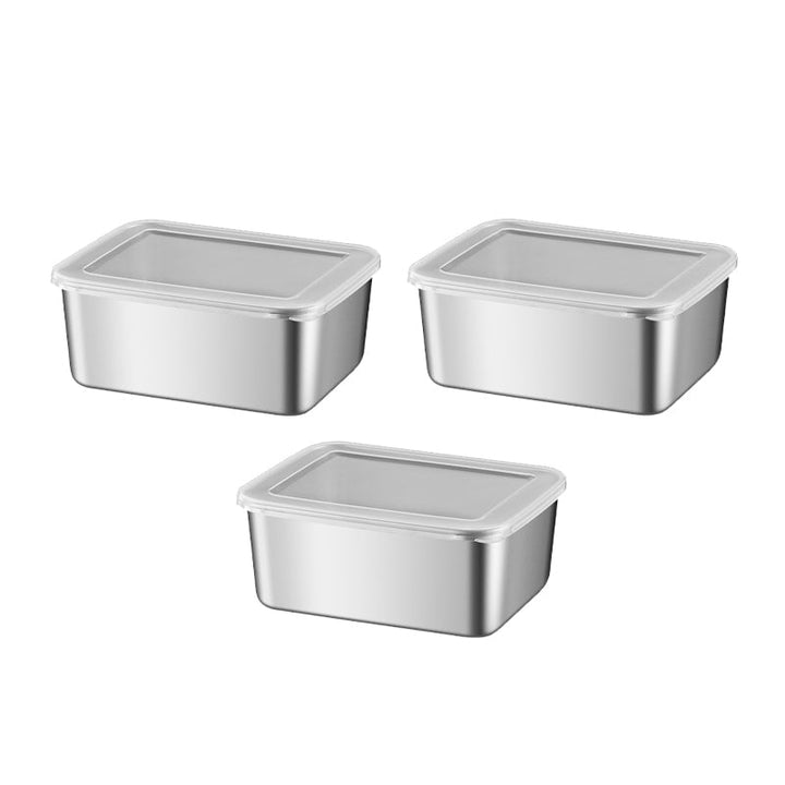 Three small stainless steel containers with clear lids arranged in a triangle on white background 14