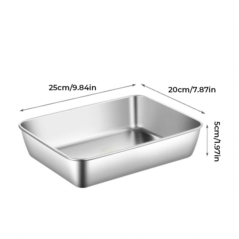 Large shallow rectangular steel container without a lid, with length, width and height measurements shown 16