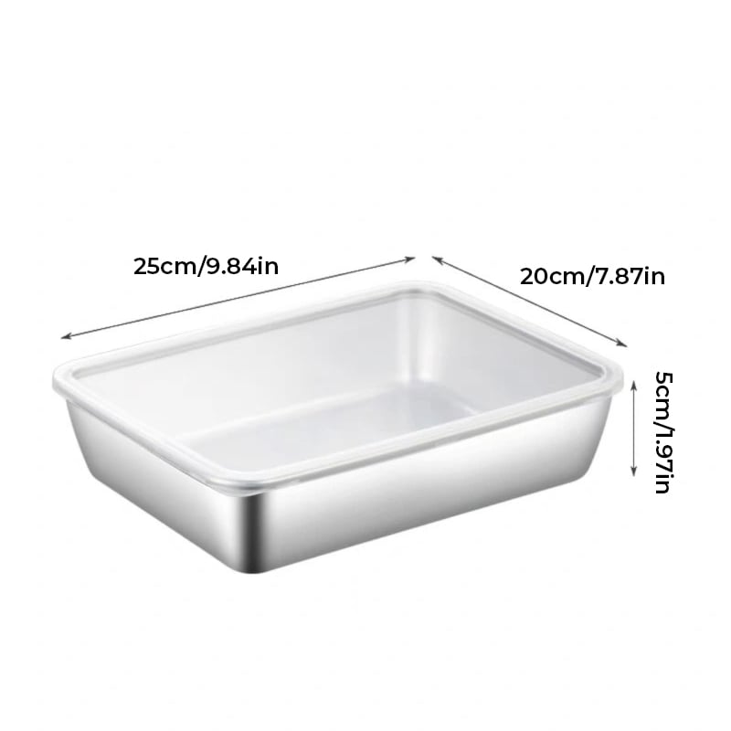 Large shallow rectangular steel container with a clear lid, with length, width and height measurements shown 17