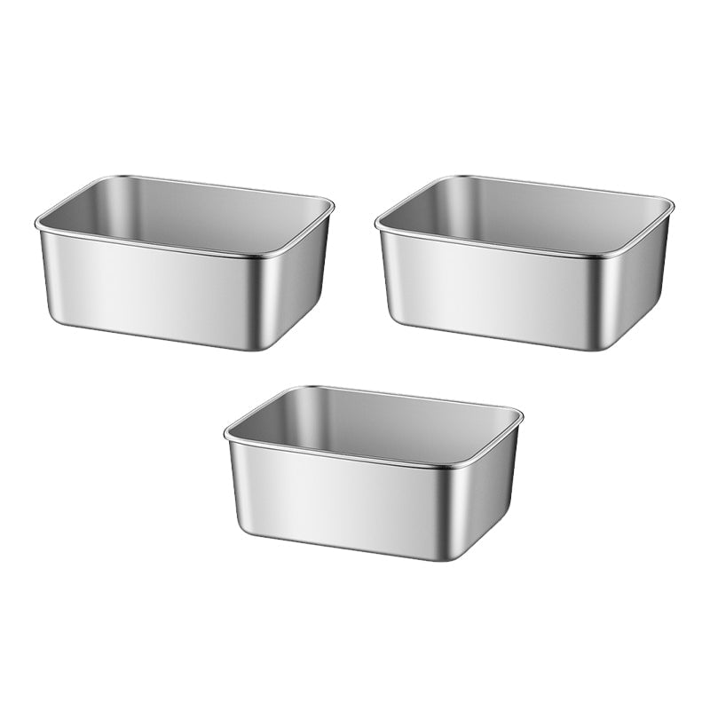 Three deep rectangular stainless steel containers shown open without lids, arranged in a triangle 22