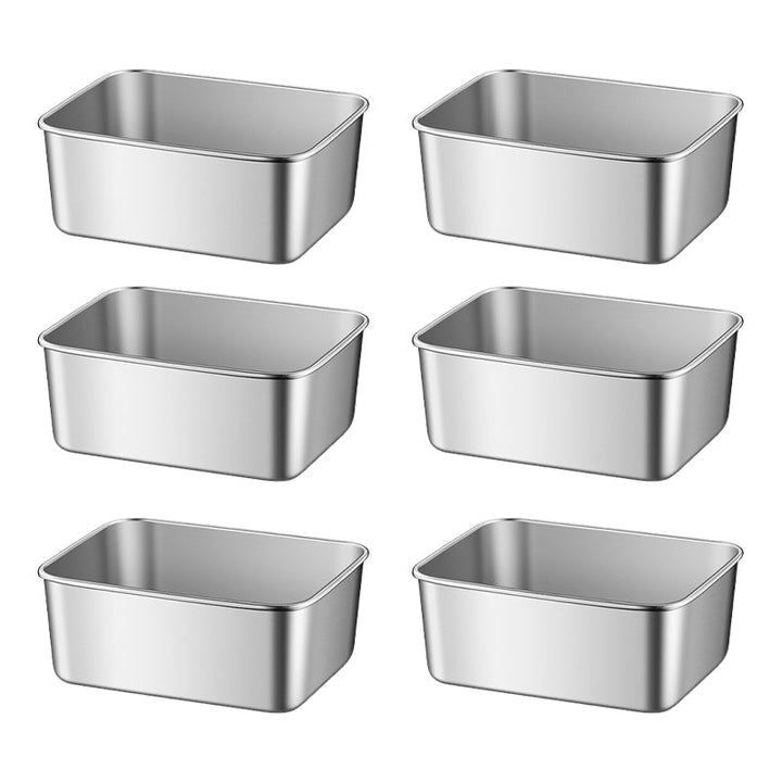 Six deep rectangular stainless steel containers shown open without lids, in three rows of two 23