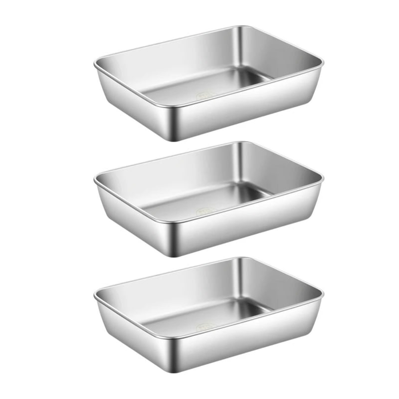 Three shallow rectangular stainless steel trays stacked in a column, shown without lids 24