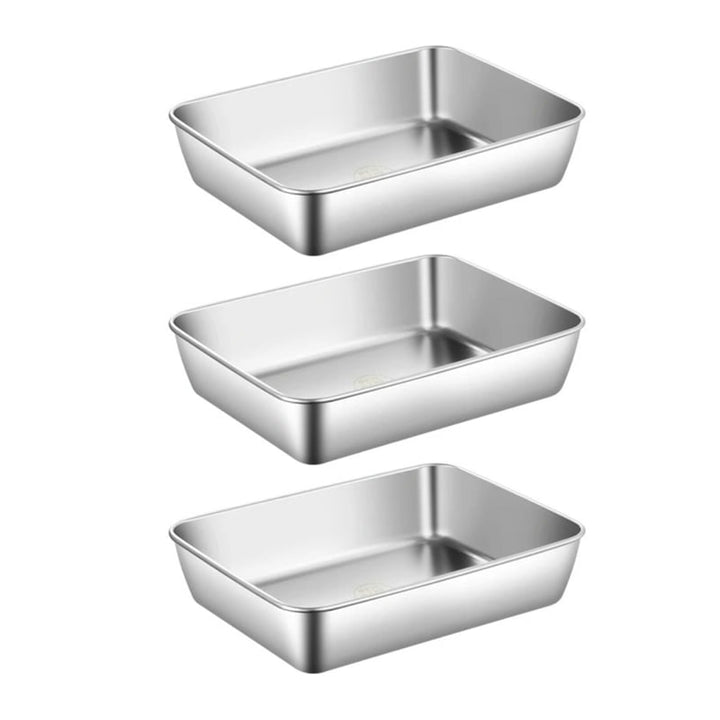 Three shallow rectangular stainless steel trays stacked in a column, shown without lids 24