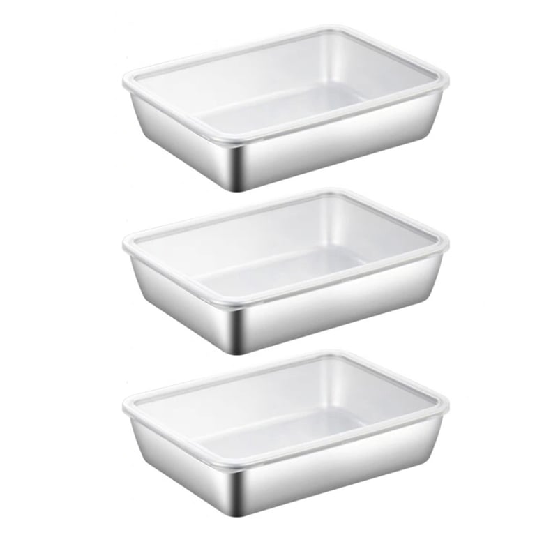Three shallow rectangular stainless steel trays in a column, each covered with a clear lid 25