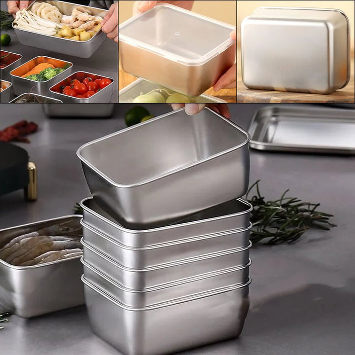 Collage showing containers holding food, a clear lid being fitted, a single container, and a stack of five 2