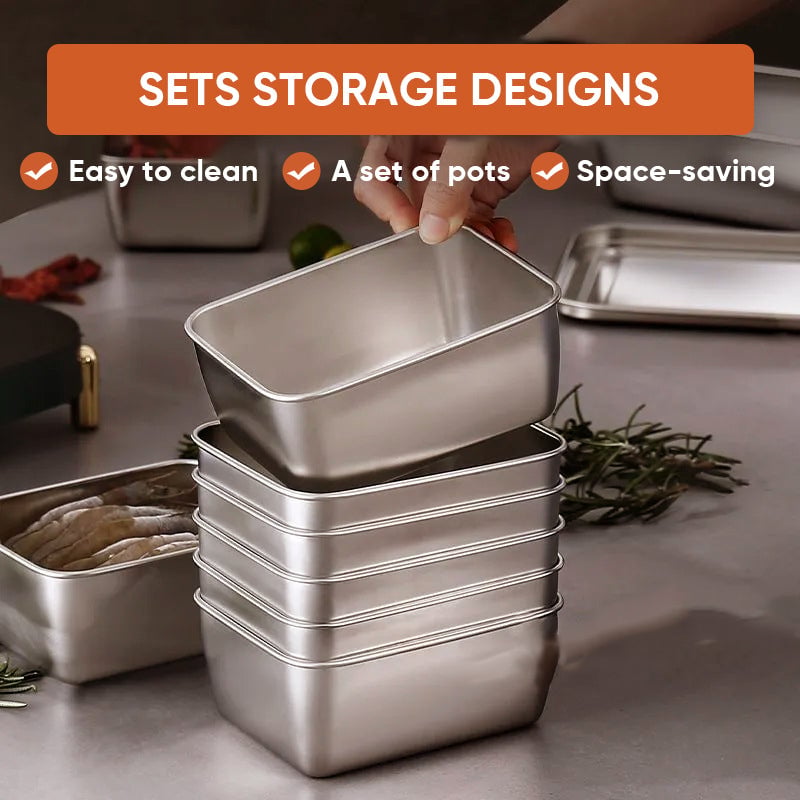 Hand lifting the top container from a stack of five nesting steel containers on a counter 4