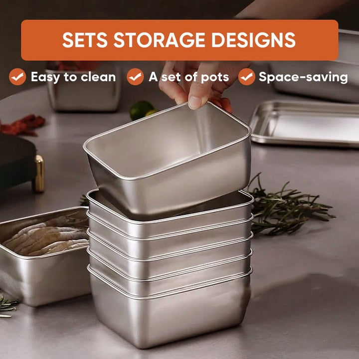 Hand lifting the top container from a stack of five nesting steel containers on a counter 4