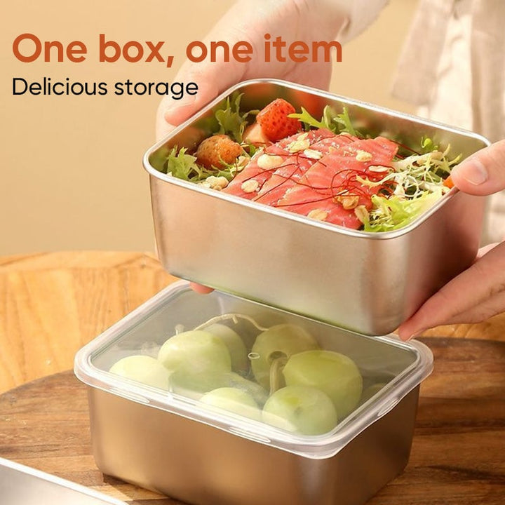 Salad container held above a lidded container of grapes, with a caption about storing one item per box 5