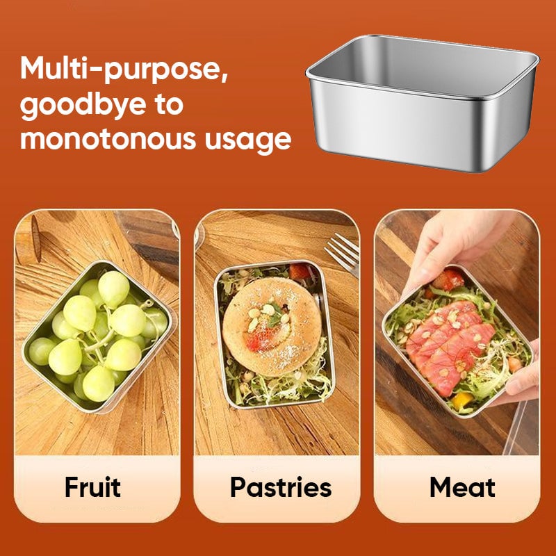 Empty container shown above three views of it holding grapes, a pastry on greens, and sliced meat salad 6