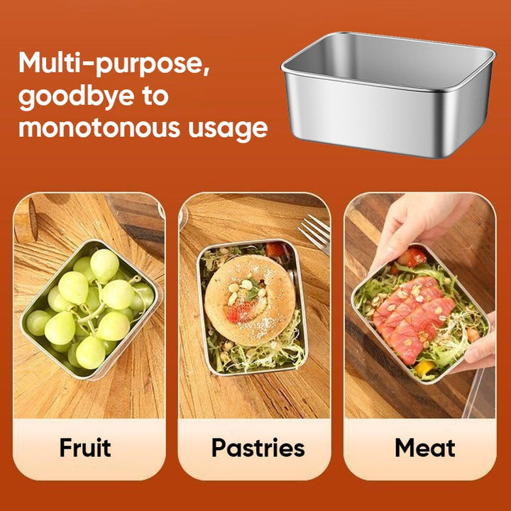 Empty container shown above three views of it holding grapes, a pastry on greens, and sliced meat salad 6