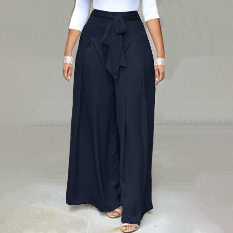 Damenhose mit weitem Bein, schwarz, hohe Taille, Bindegürtel, elegant, modisch, Freizeitkleidung.