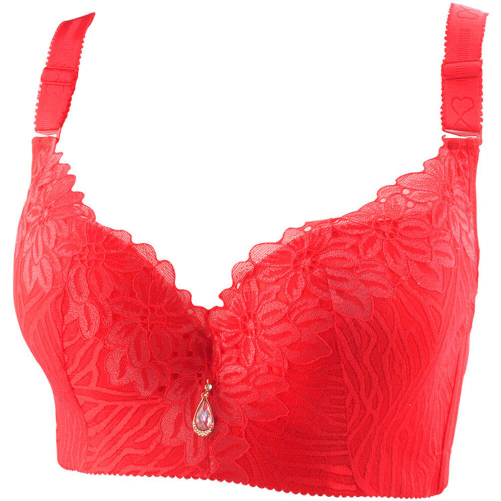Roter Spitzen-BH mit Blumenmuster, verstellbaren Trägern und Schmuckanhänger.