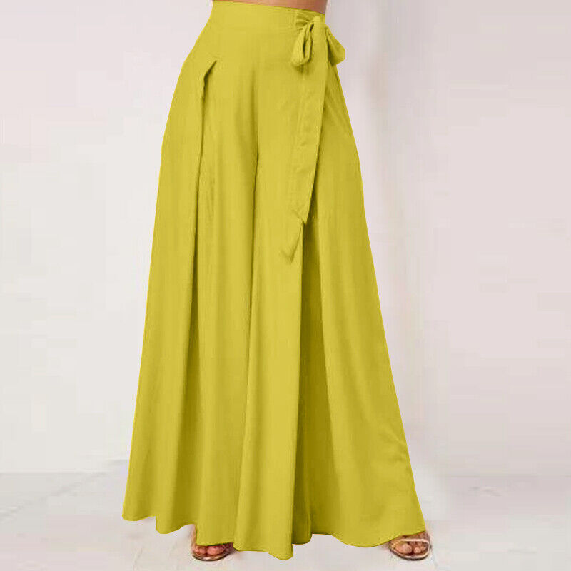 Gelbe Damenhose, weites Bein, hoher Bund, Sommermode, eleganter Stil, Bindegürtel.