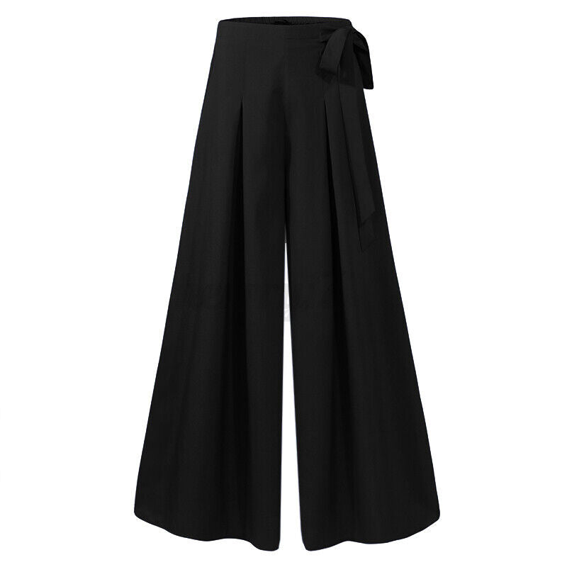 Schwarze Damenhose, weites Bein, hoher Bund, Schleife, elegant, modisch, aus Baumwolle.