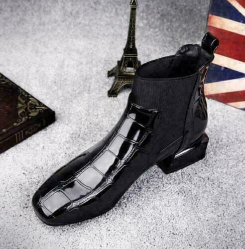 Black patent croc-pattern ankle boot angled from the front, with square toe and elastic side panel 5