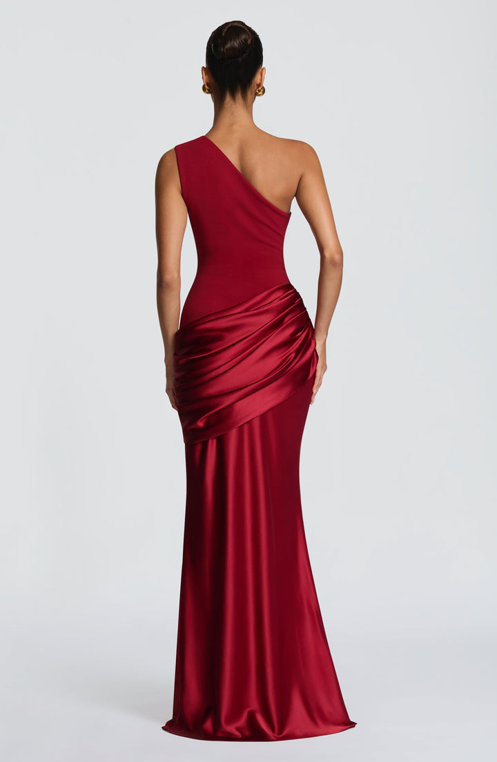 Abbey One-Shoulder Satin Maxi Dress in deep red, back view