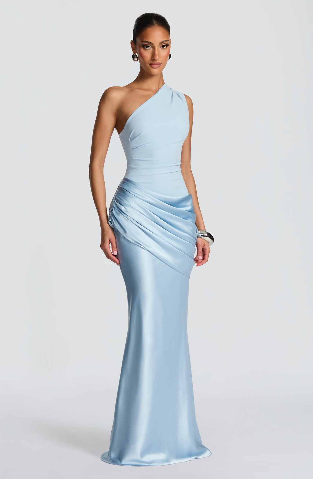 Abbey One-Shoulder Satin Maxi Dress in pale blue, front view