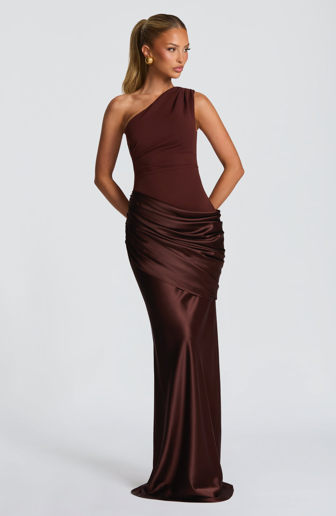 Abbey One-Shoulder Satin Maxi Dress in brown, front view