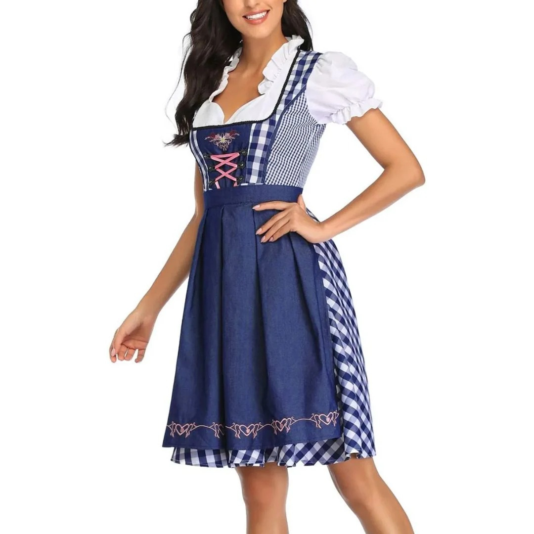 Navy and white gingham dirndl, another view, with pink lace-up bodice and embroidered apron hem.
